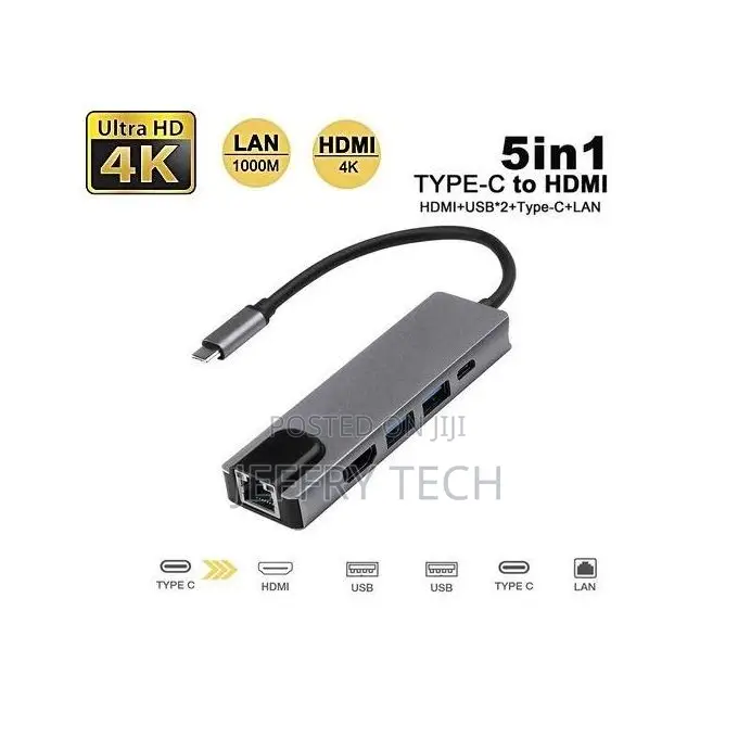 Type C 5-in-1 Adapter (Hdtv(Hdmi) + Type C + Vga + Usb + Lan