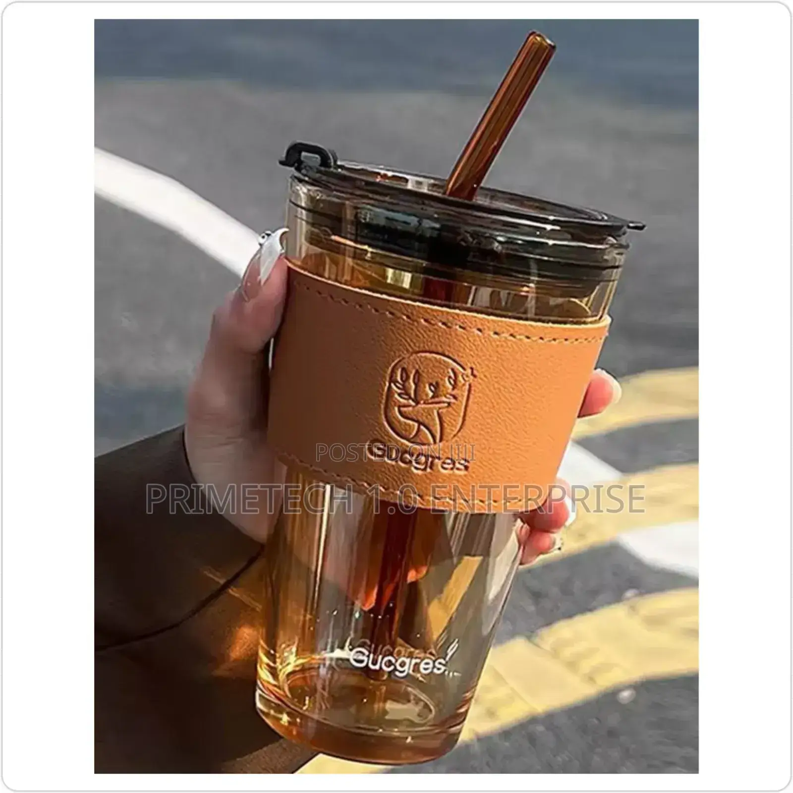 Glass Cups With Cover ,Straw and Leather Sleeve