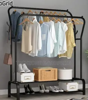 Double Pole Clothing Rack With Wheels and Shoe Rack