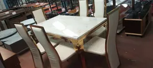 6 Seater Pure Marble Dining Table Set With Golden Frames