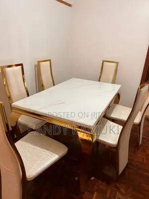 White Pure Marble Dining Table Set With Golden Frame
