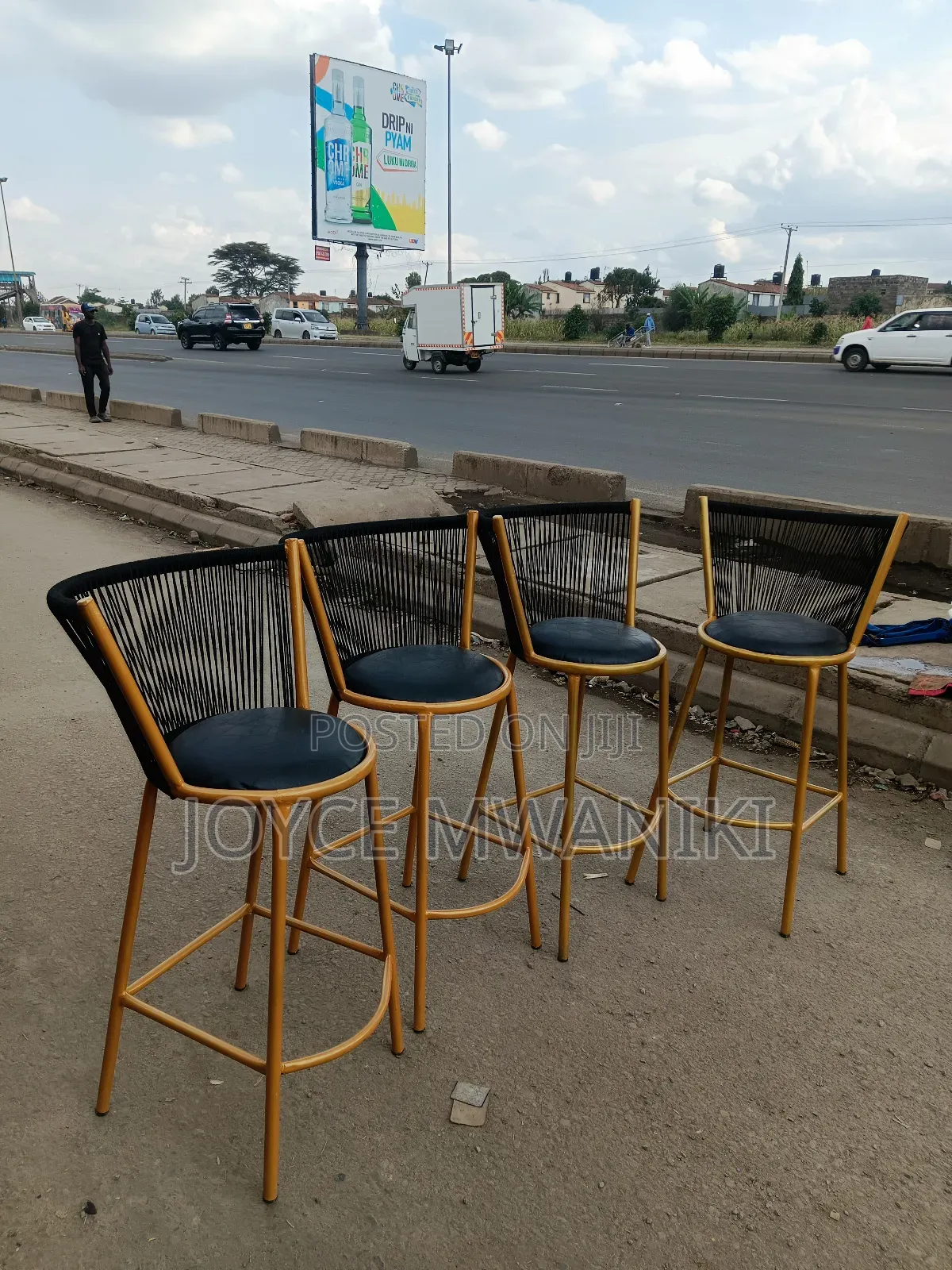 Wooven High Bar Chairs, Black and Gold 