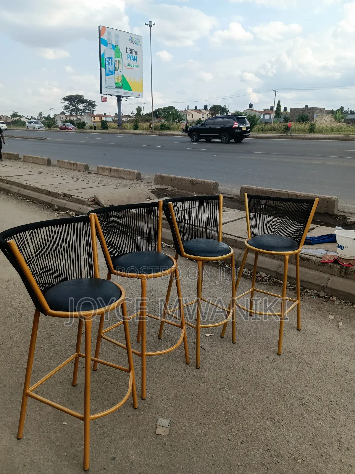 Wooven High Bar Chairs, Black and Gold 