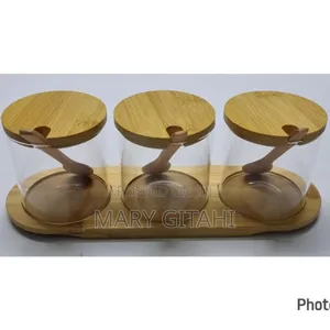 High Quality 3in1 Glass Sugar Set With Bamboo Stand,