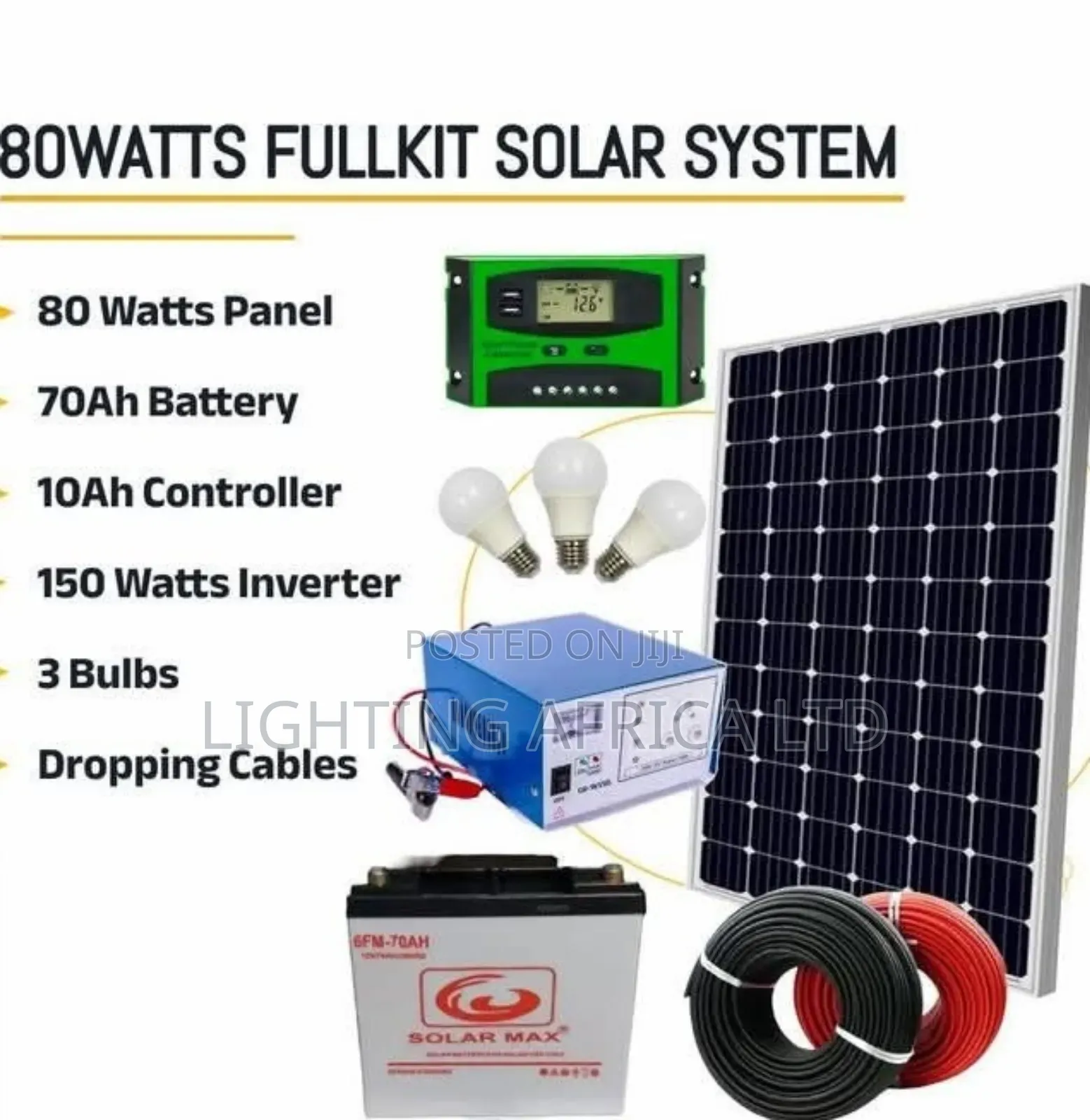 Home Lighting Phone Charging 80 Watts Solar System - Plus 3 Bulbs
