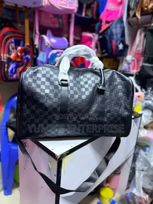 Black Medium Leather Square Pattern Duffel Travel Bag