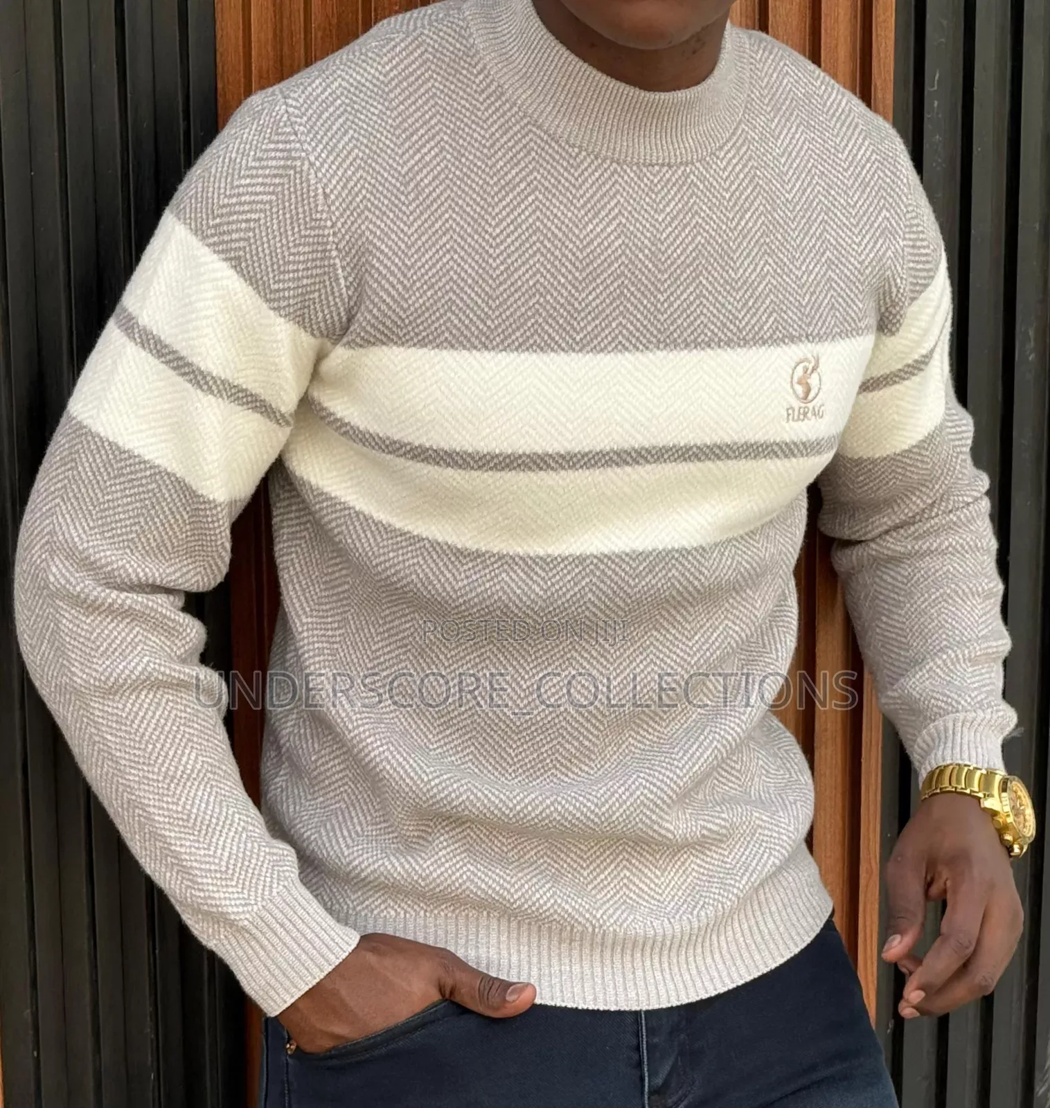 Beige Round Stripes Sweaters