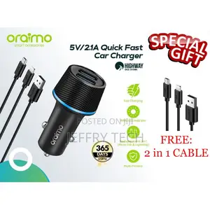 Oraimo Smart Car Charger With Dual Ports +Free 2in1 Cable