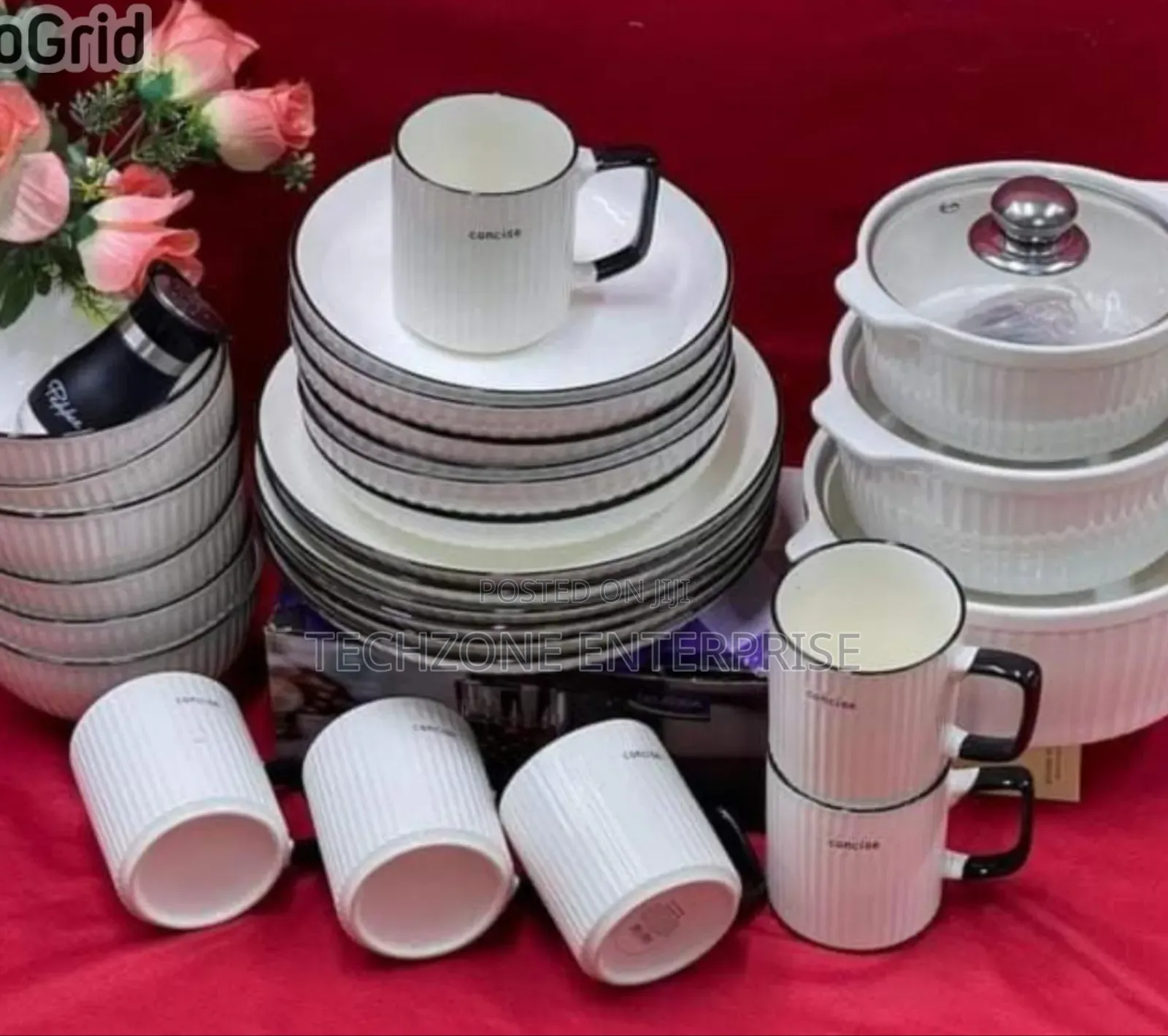 30 Pieces White With Black Strip Japanese Dinner Set 