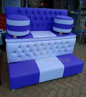Pedicure Seat With Pouffe, Blue and White Faux Fabric.