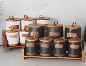*7pcs Ceramic Kitchen Storage Canisters Set W/ Bamboo Rack