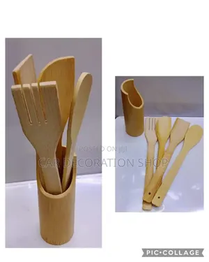 4pc Wooden Cooking Spoon Spatula Stick With Stand