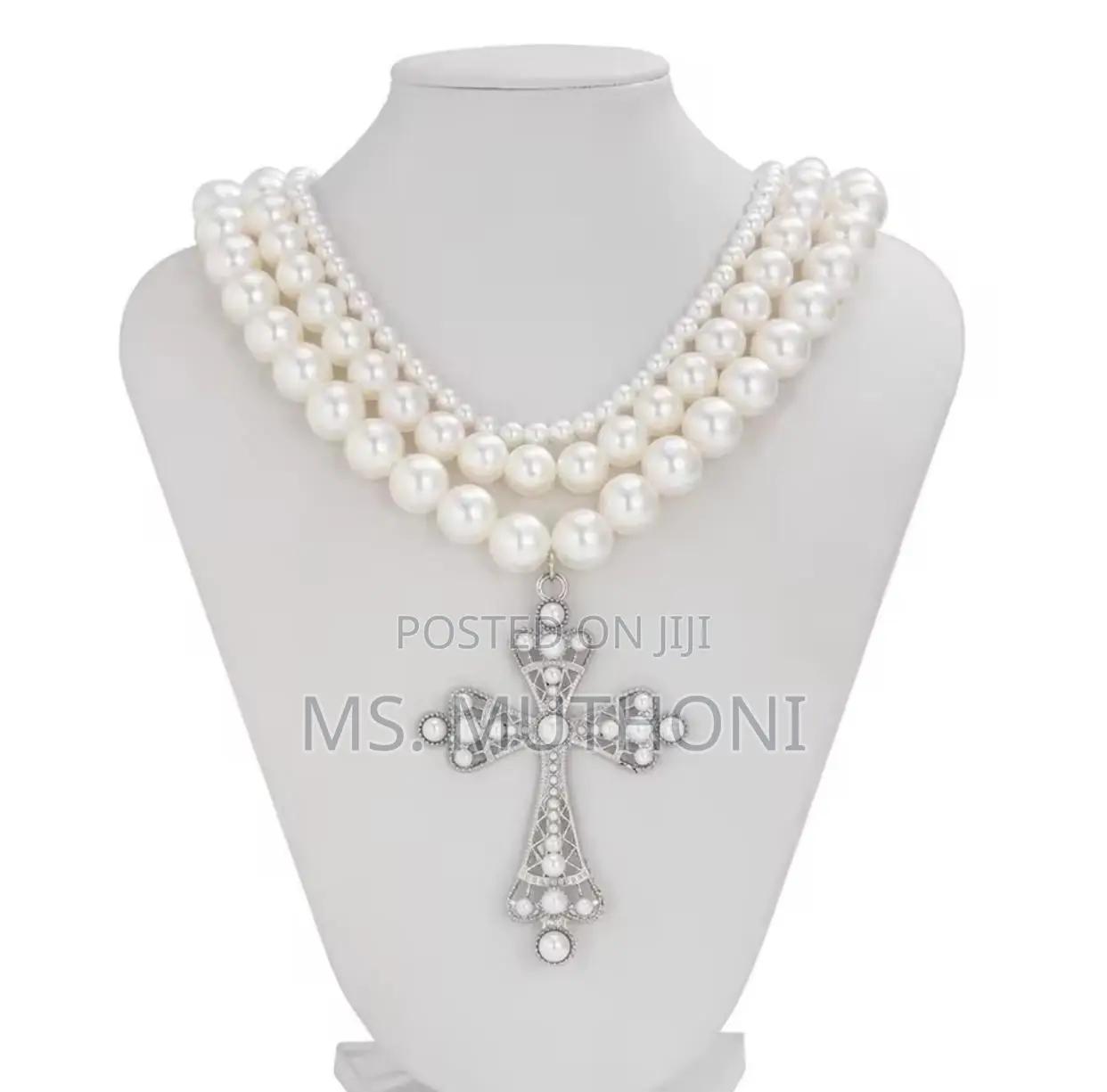 White Cross Pendants Multilayed Pearl Necklaces