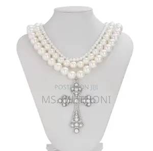 White Cross Pendants Multilayed Pearl Necklaces