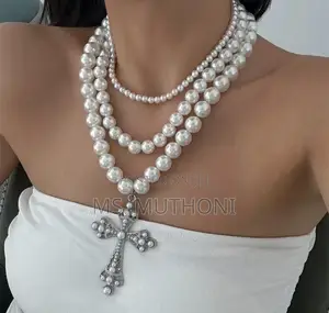 White Cross Pendants Multilayed Pearl Necklaces