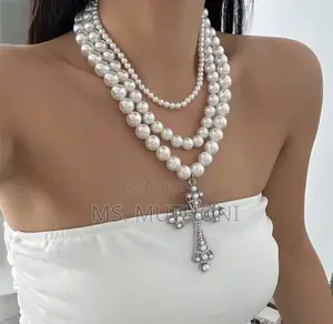 White Cross Pendants Multilayed Pearl Necklaces