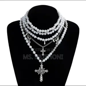 Ladies White Cross Pendants Multilayed Pearl Necklace