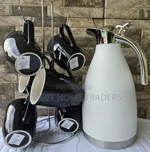 Tea Set ,1 White Flask and 6pcs Black Mug