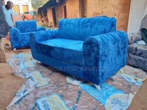 3-Seater Blue Fabric Sofa Set With Curved Armrests