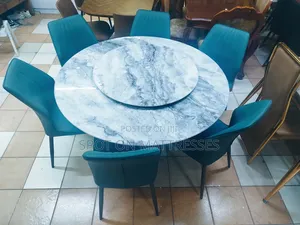Spinning Marble Top Dining Set With 6 Leather Chairs + Free Delivery