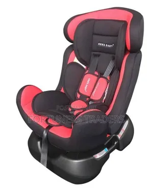 Red Cool Baby Car Seat With a Reclining Base.