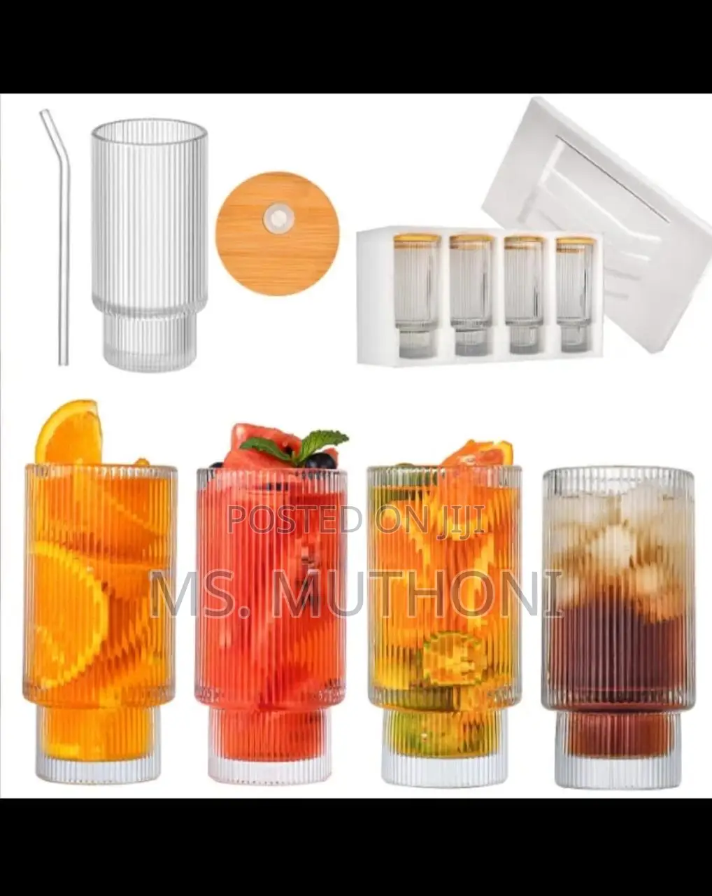 4 PCS Aesthetic Highball Crystal Ribbed Glasses W Bamboo Lid Straws.