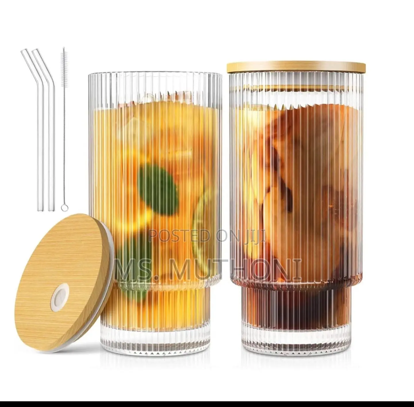 4 PCS Aesthetic Highball Crystal Ribbed Glasses W Bamboo Lid Straws.