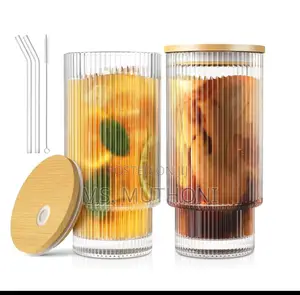 4 PCS Aesthetic Highball Crystal Ribbed Glasses W Bamboo Lid Straws.