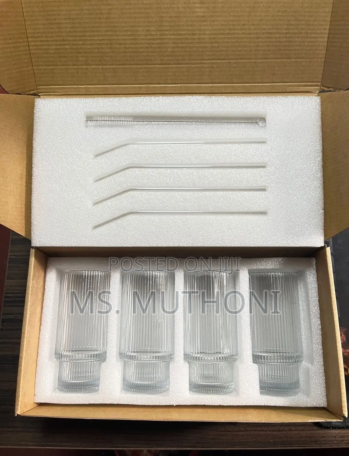 4 PCS Aesthetic Highball Crystal Ribbed Glasses W Bamboo Lid Straws.