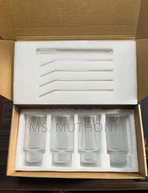 4 PCS Aesthetic Highball Crystal Ribbed Glasses W Bamboo Lid Straws.