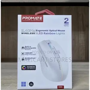 Promate Wireless Ergonomic Optical Mouse With Led Rainbow Lights