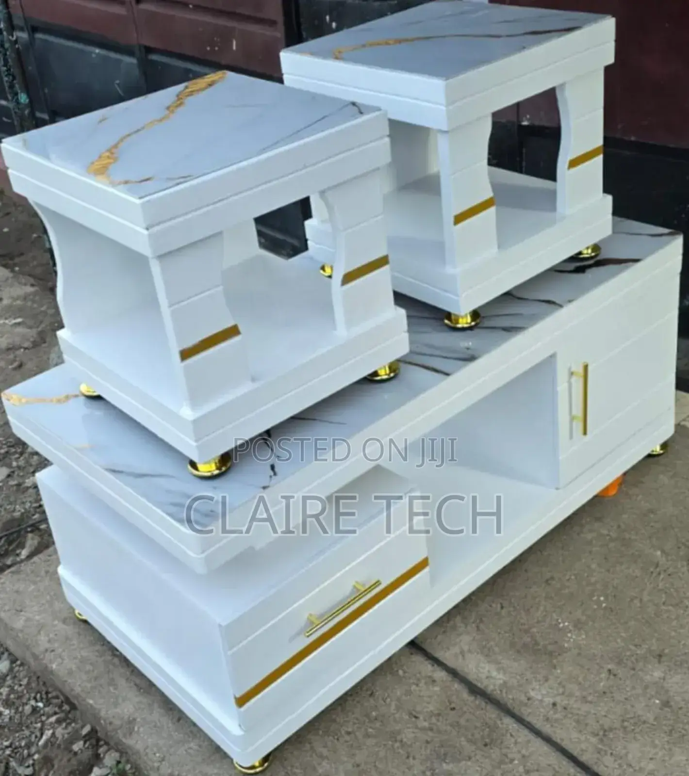 Coffee Table With Glass/Marble Topping With 2 Stools