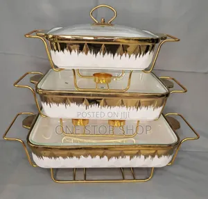 3pcs Rectangular Ceramic Chaffing Dishes White Gold (3.5/3.5/1.8litres