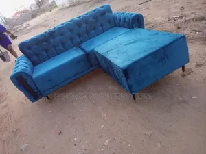 3-Seater Blue Fabric Sectional Sofa + Ottoman