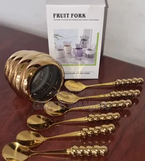 Stylish Fruit Fork Golden Ceramic Bowl Plus 6 Teaspoons