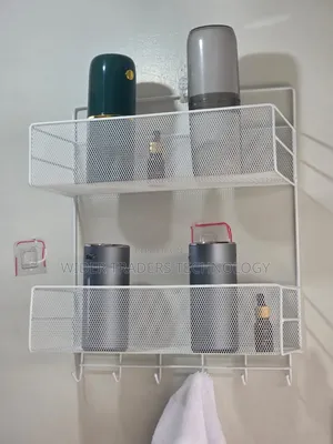 2 Layer  Wall-mounted  Bathroom Shelf Shower Shampoo Rack With Hooks*