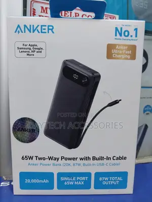 Anker Power Bank 20000mah 87w Portable With Built-in Usb-C Cable A1383
