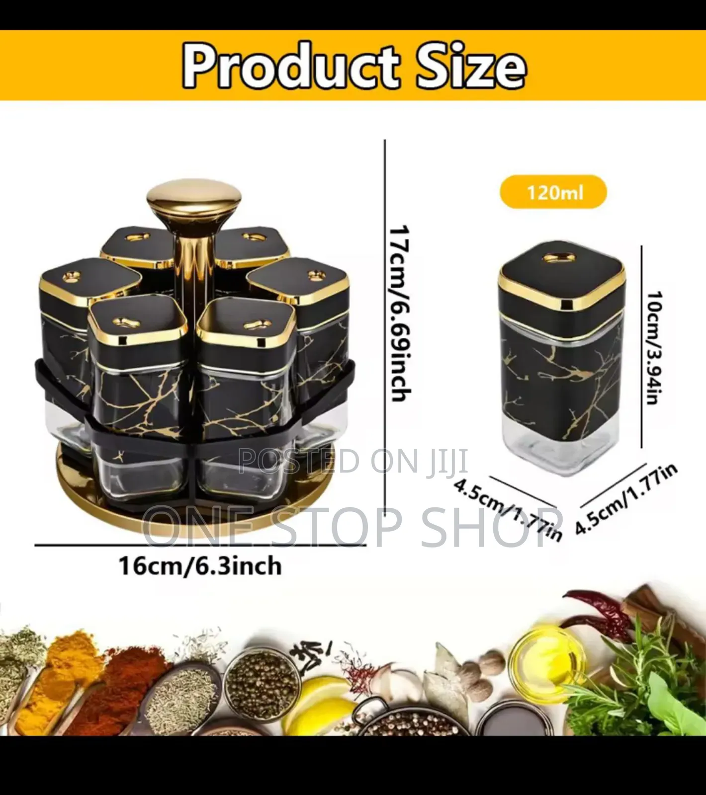 6pcs Rotatable Spice Rack Black Gold