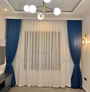 Drapped in Elegance Nevy Blue Double Window Curtains and White Sheers