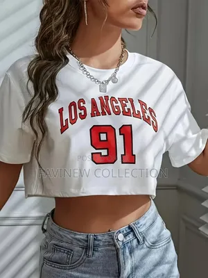 Los Angeles Number 91 Graphic Round Neck Sports Crop T-Shirt Crew