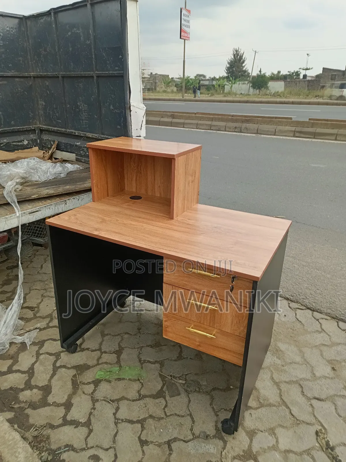 Reception Desk, Black and Cherry, With Caster Wheel 