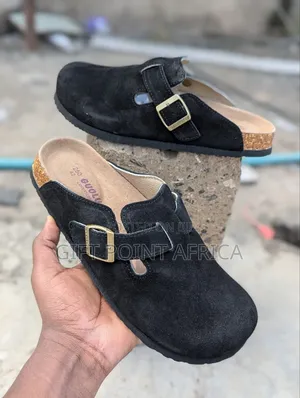 Black Leather Slides