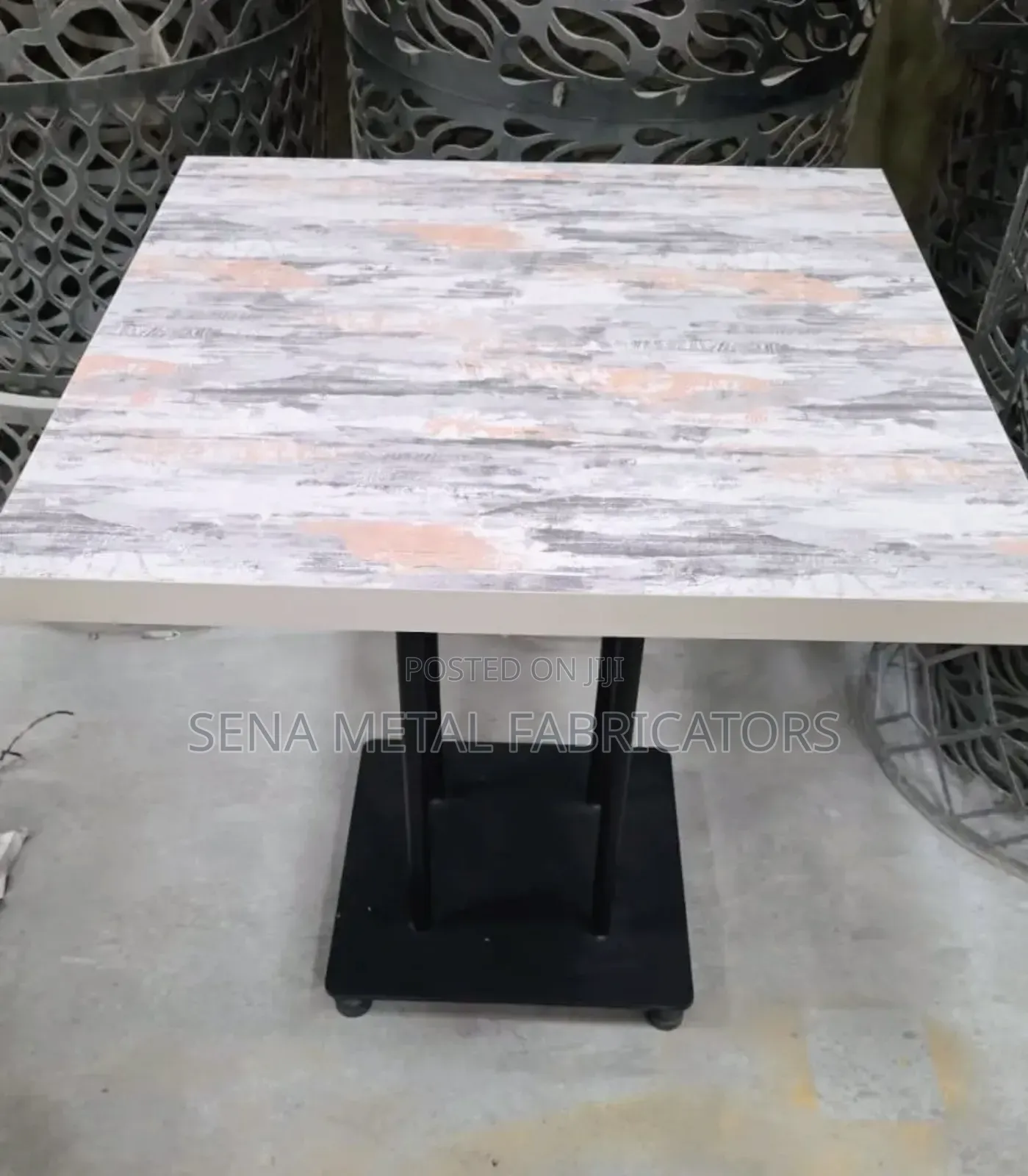 Plate Base Restaurant Table With Glossy Marble Look Top.