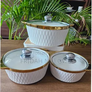*3pc Set Gold Ceramic Serving Dishes With Glass Cover