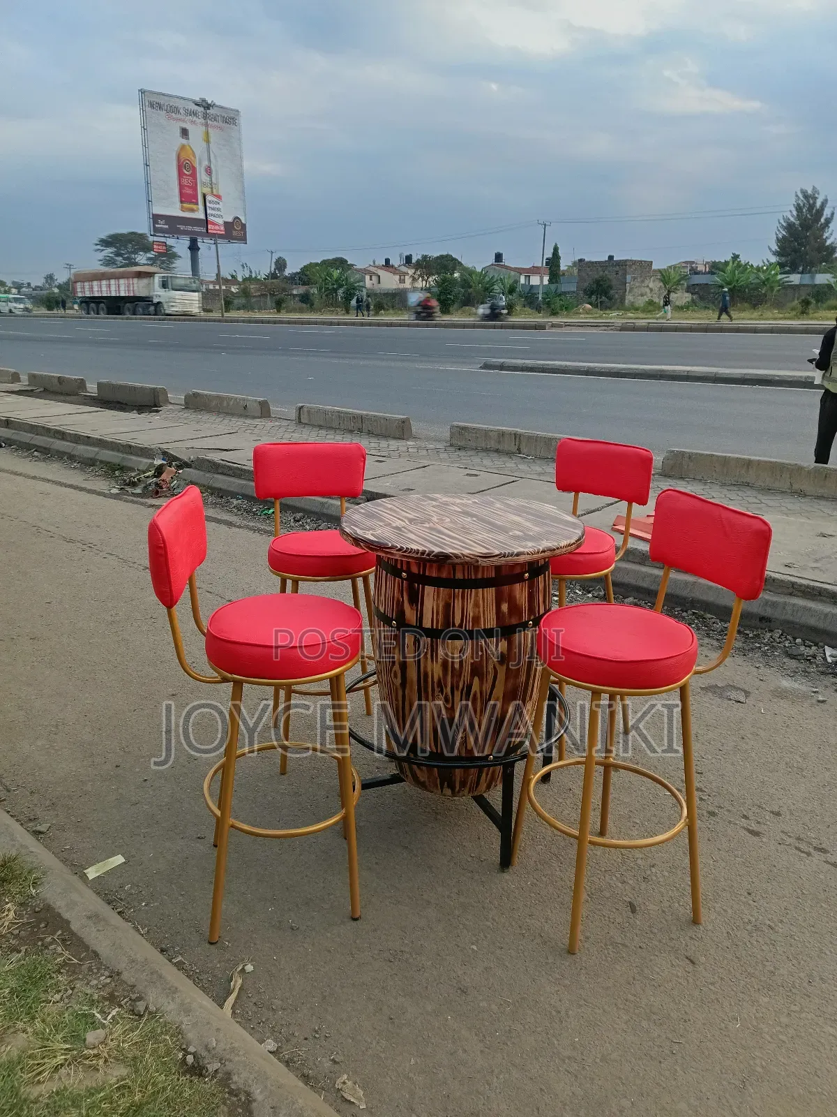 Barrel Bar Table With Red Stools or Chairs 