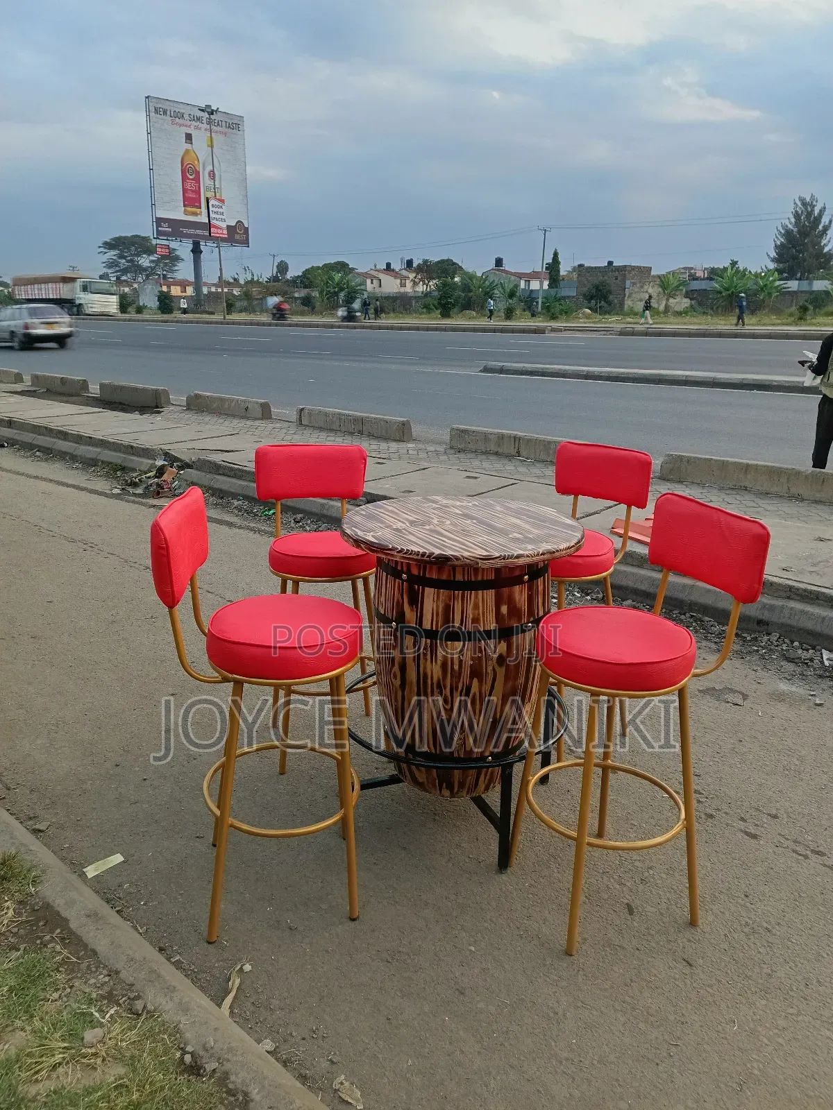 Barrel Bar Table With Red Stools or Chairs 