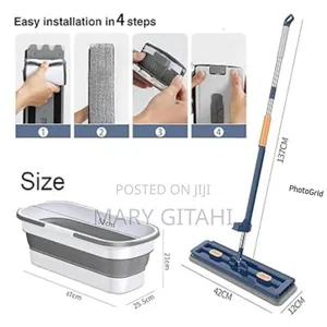 Self Wringing Hand Wash Free Flat Mop With Foldable Bucket