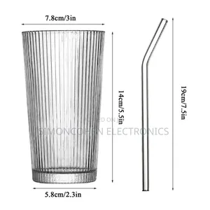 375ml Simple Stripe Glass Cup With Lid And Straw