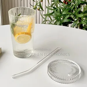 375ml Simple Stripe Glass Cup With Lid And Straw