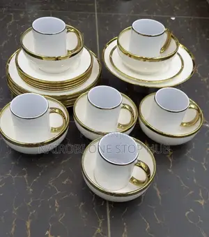 24pcs White Dinner Set With Gold Rim – Plates, Bowls and Mugs